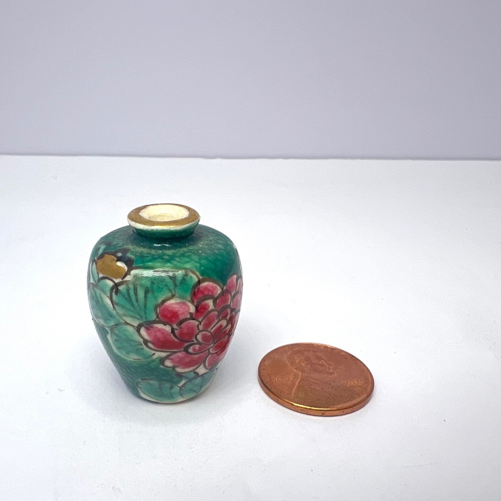 Hand Painted Miniature Bud Vase Vintage Green Gold Floral Made in Occupied Japan